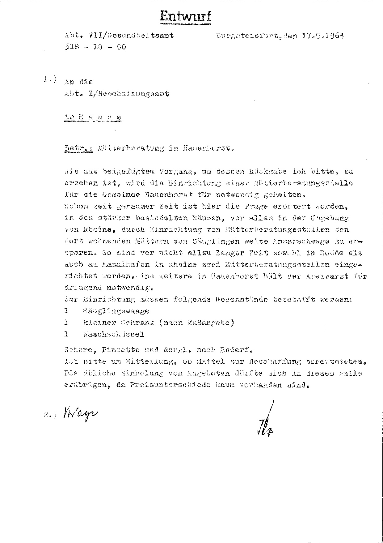 Ausbau von Mütterberatungsstellen in Hauenhorst 1964 Ausbau von Mütterberatungsstellen in Hauenhorst 1964